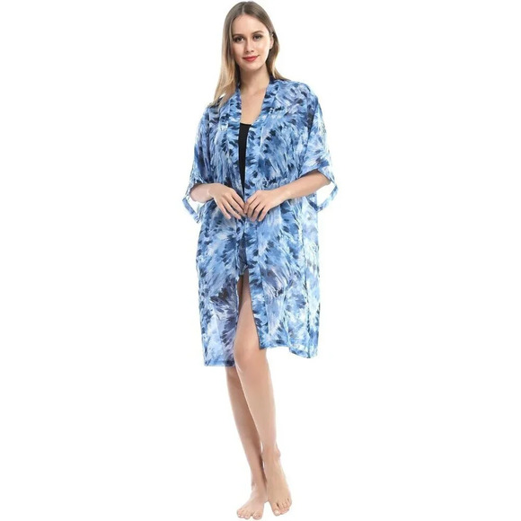 Women’s Chiffon Kimono Duster Kimono Summer Dress Beach Cover Up (Free Size) - Picture 3 of 7